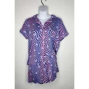 Joe Boxer Pajama Set Womens Large Pink Purple Smiley Checkerboard Button Shorts